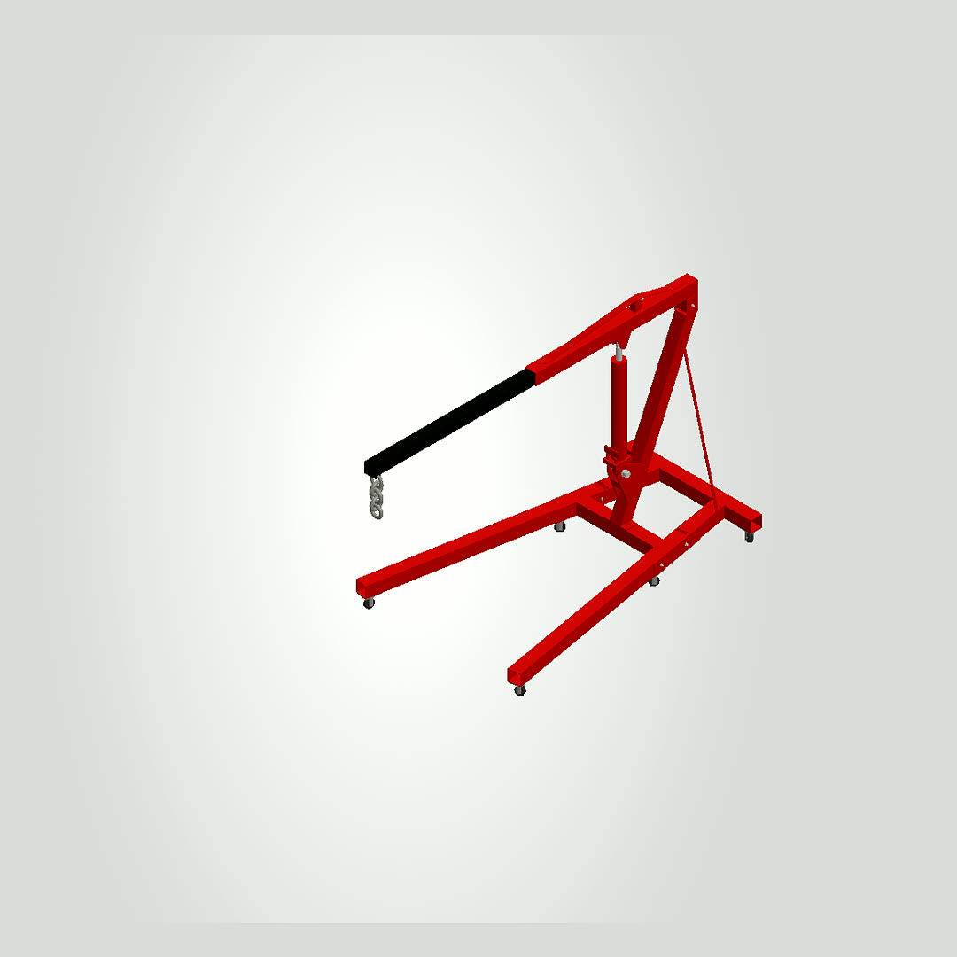 Hydraulic engine lifter CAD assembly with hydraulic ram, castor wheels and welded frame